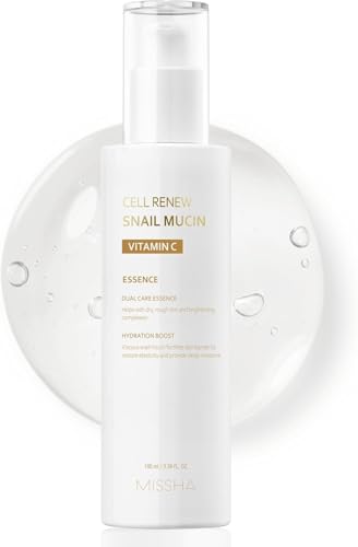 MISSHA Cell Renew Snail Mucin Vitamin C Essence Serum 3.38 Fl oz - Hydrating Korean Skincare for Glass Skin, Snail Mucin Serum for Improved Skin Texture & Complexion