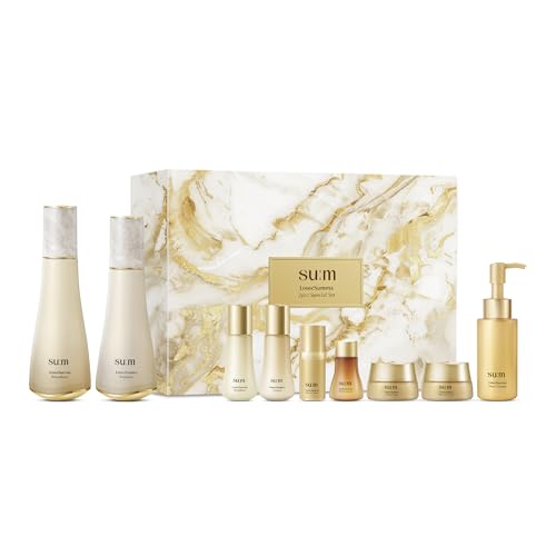 SU:M LOSECSUMMA Anti-Aging Skincare Gift Set - Luxury Korean Beauty 2-Piece Full Size Toner & Emulsion Kit with Premium Travel Miniatures for Deep Wrinkle Repair & Skin Tightening