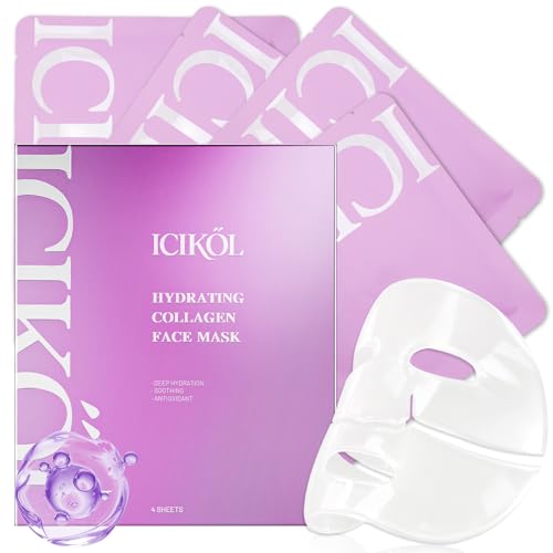 ICIKOL Overnight Collagen Mask - [4 Sheets] Bio-Collagen Face Mask for Intensive Hydration & Glass Skin - Pore Minimizing & Firming Jelly Mask, K-Beauty Sleeping Mask for Glowing Skin